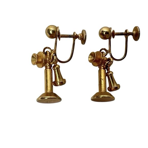 Vintage Dangle Earrings Old Fashioned Phones Gold Tone Screw Back - Picture 4 of 5